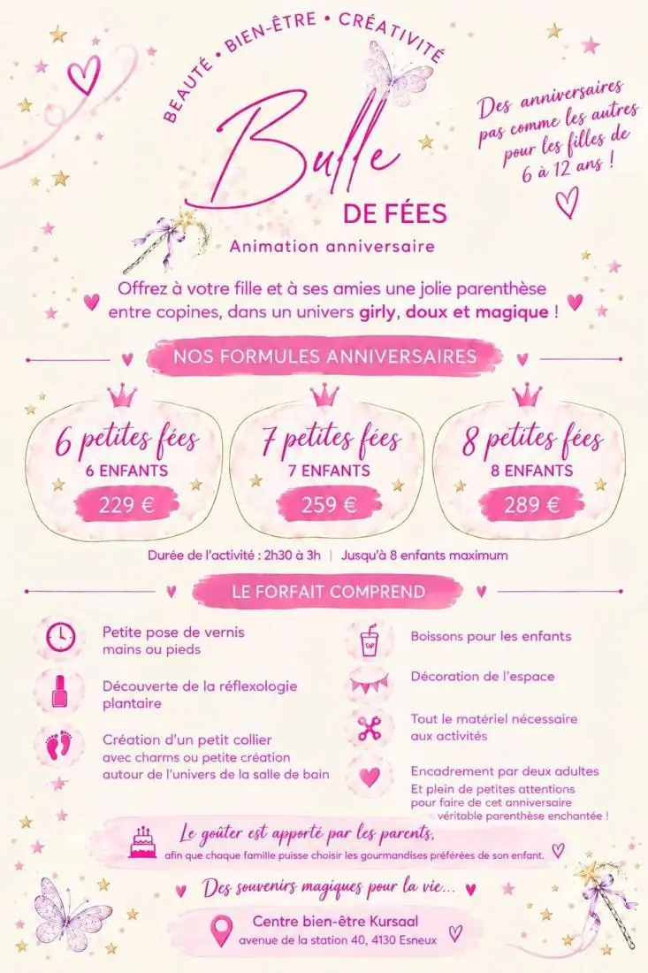 Flyer Bulle de Fées, animation anniversaire pour filles de 6 à 12 ans